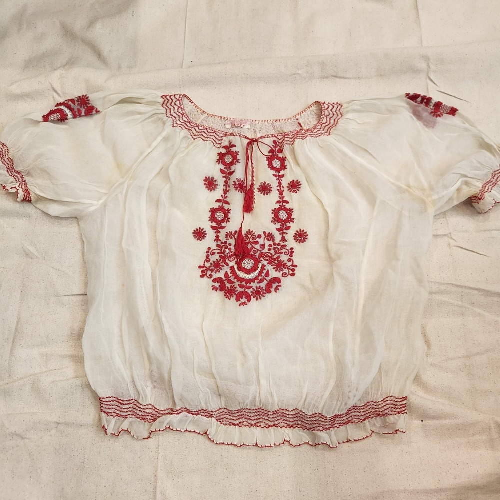 Vintage Artex Hungarian Peasant Blouse Hand Embroidered Red White Boho Top S M